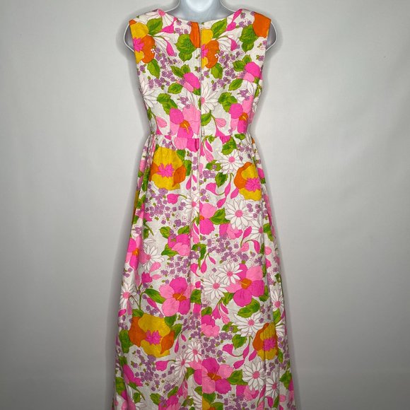 Vintage 60s White Pink Textured Floral Sleeveless Maxi Hostess Dress - Picture 5 of 8
